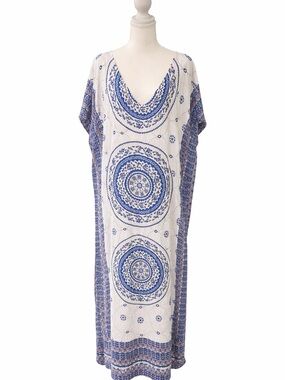 Cupshe Blue White Boho Cover Up Dress OS Caftan Beach Maxi Tunic